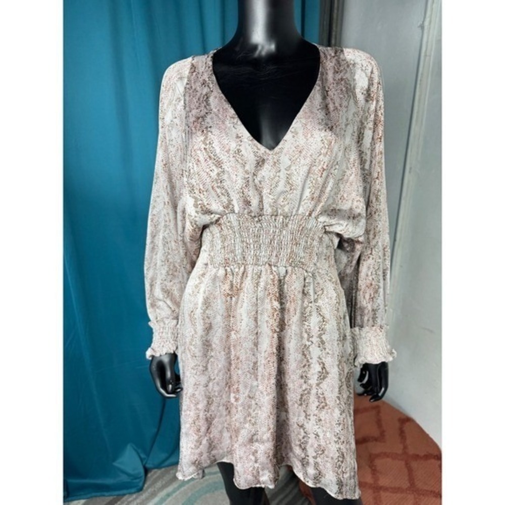 FATE Snake Print V Neck Long Sleeve Smocked Waist Mini Dress Women's Size L - Picture 2 of 10